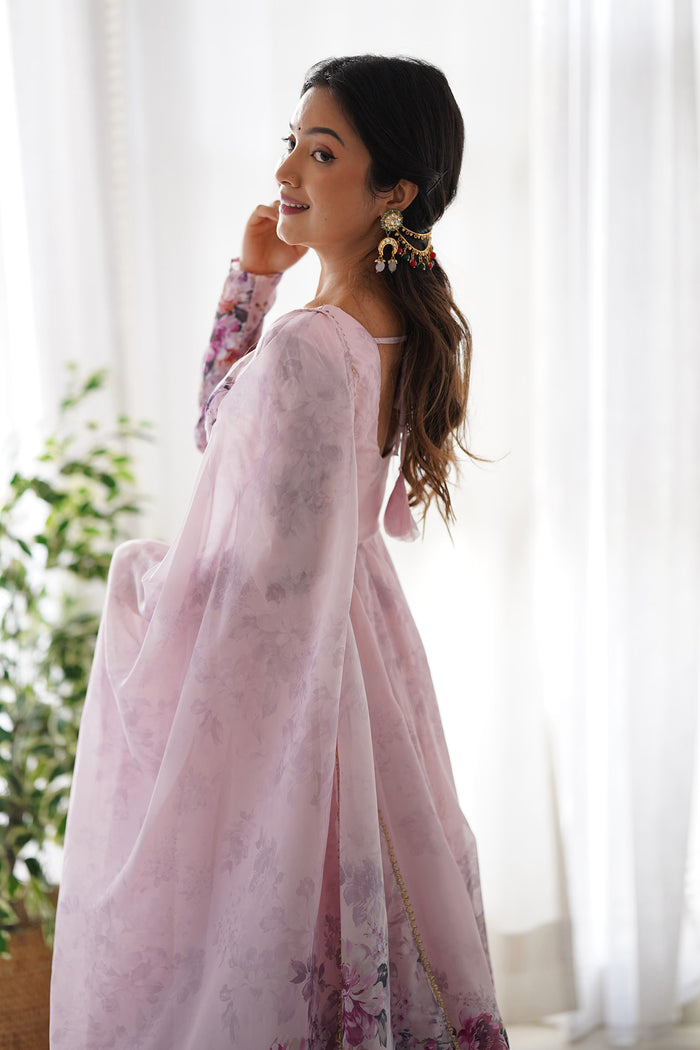 Baby Pink Organza Floral Printed Anarkali Set