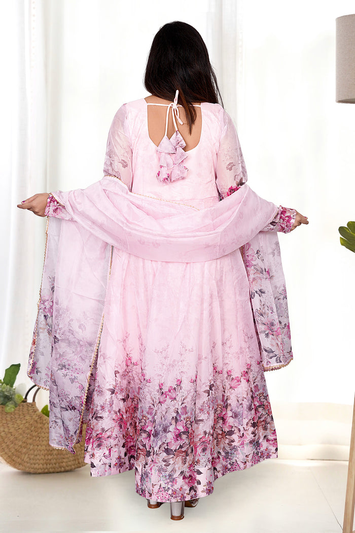 Baby Pink Organza Floral Printed Anarkali Set