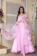 <img> Baby Pink Satin Silk Anarkali Set With Floral Prints
