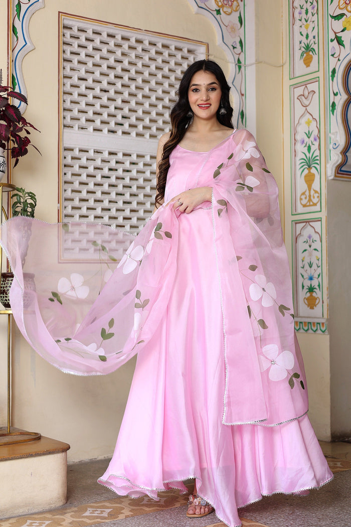 <img> Baby Pink Satin Silk Anarkali Set With Floral Prints
