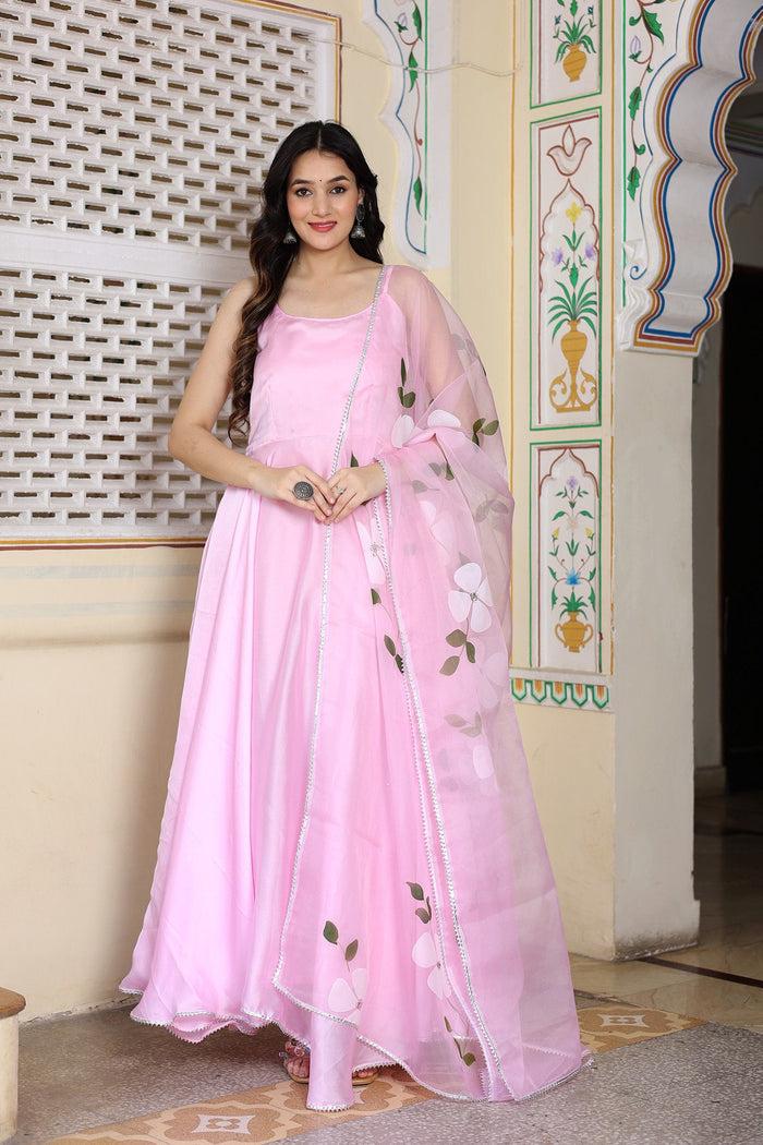 <img> Baby Pink Satin Silk Anarkali Set With Floral Prints