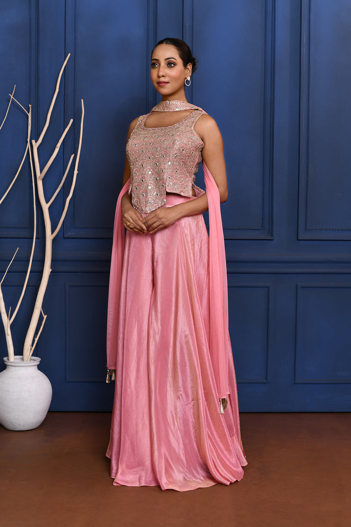 Baby Pink Tissue Embroidered Indo-Western Set