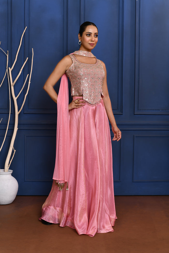 Baby Pink Tissue Embroidered Indo-Western Set
