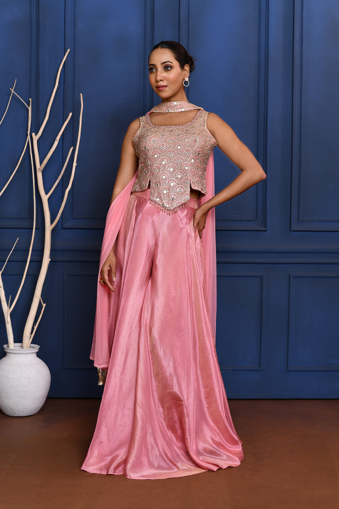 Baby Pink Tissue Embroidered Indo-Western Set