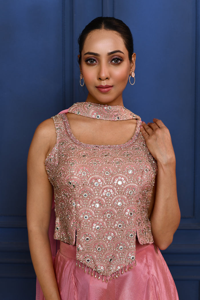 Baby Pink Tissue Embroidered Indo-Western Set