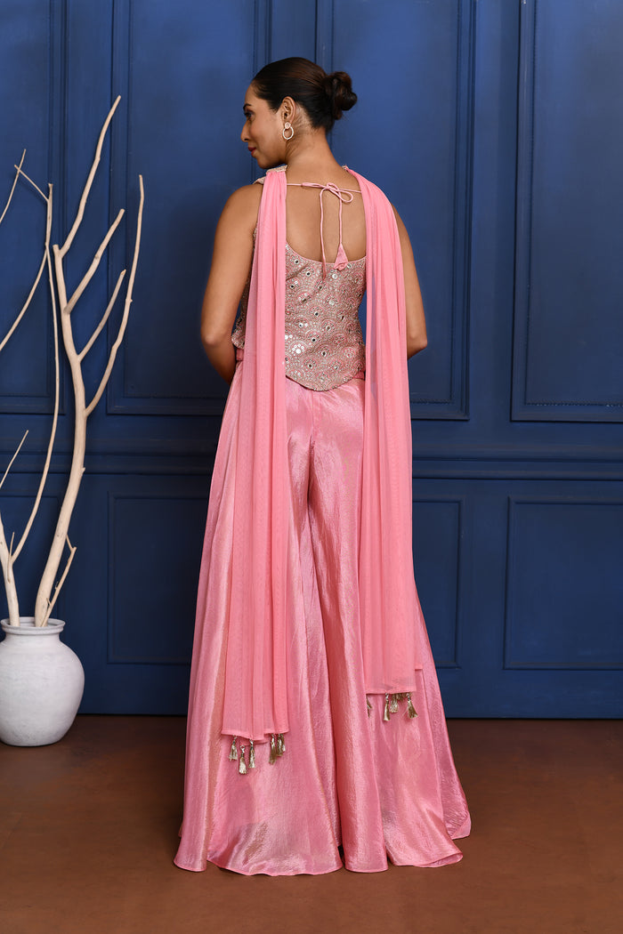 Baby Pink Tissue Embroidered Indo-Western Set