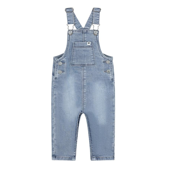 Light blue denim baby overalls with adjustable suspenders, front pockets, and silver metal snaps, shown flat against a solid white background.