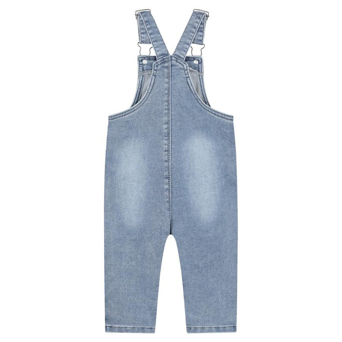 A pair of baby denim overall pants in a light blue wash, shown flat against a solid white background.