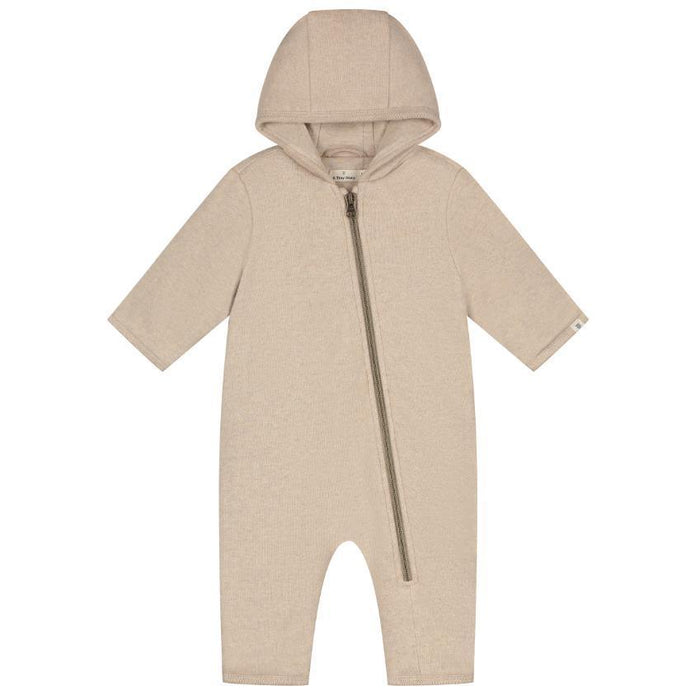 A baby hooded romper in a light oatmeal beige color, featuring a front zipper and short sleeves, shown against a plain white background.