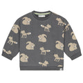 A dark gray long-sleeve crewneck sweatshirt with an all-over print of cartoon squirrels and foxes in beige and white, shown flat against a white background.