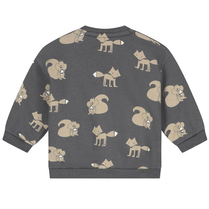 A dark gray long-sleeve sweatshirt with an all-over pattern of cartoon squirrels in beige and light brown, shown against a plain white background.