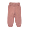 A pair of ribbed knit baby pants in a dusty rose pink color, featuring an elastic waistband and elastic cuffs, shown against a plain white background.
