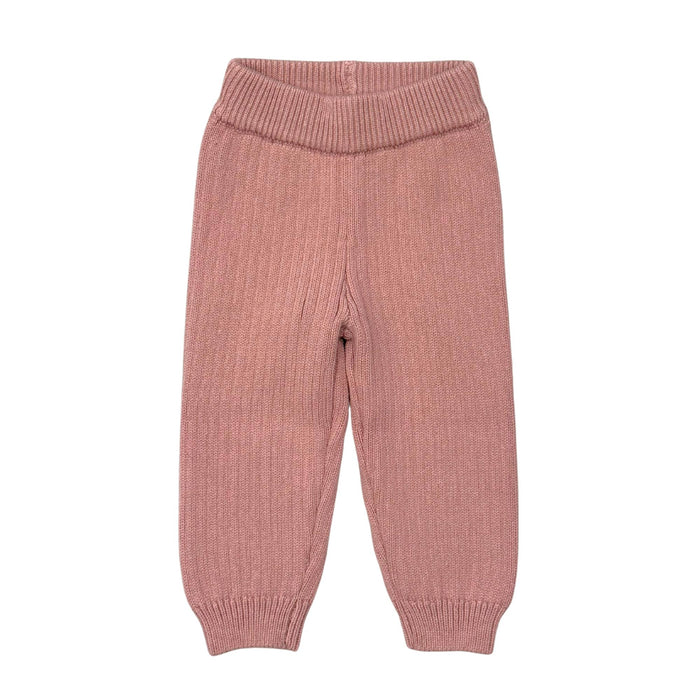 A pair of ribbed knit baby pants in a dusty rose pink color, featuring an elastic waistband and elastic cuffs, shown against a plain white background.
