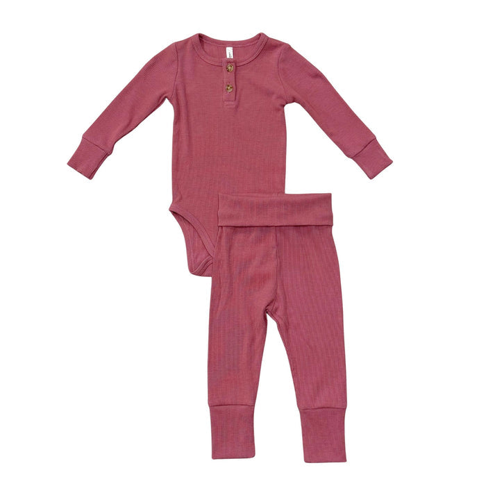 Babysprouts - Ribbed Long Sleeve Henley Bodysuit & Pant Set - Raspberry