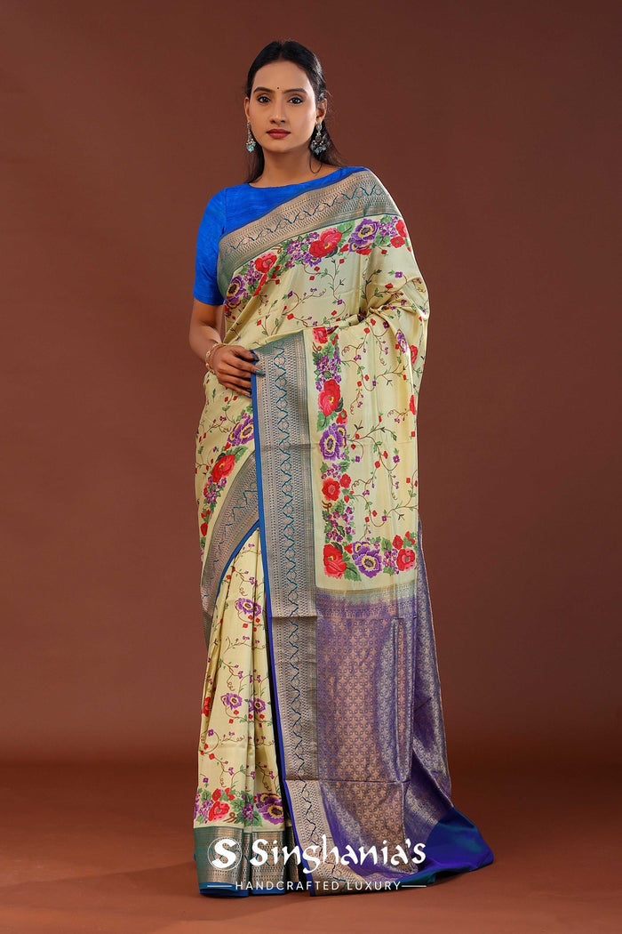 <img> Banana Cream Digital Printed Kanjivaram Saree