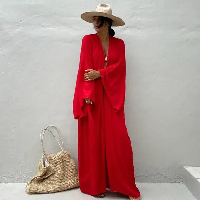 Red long belted beach kimono cover-up women FTF Market UK