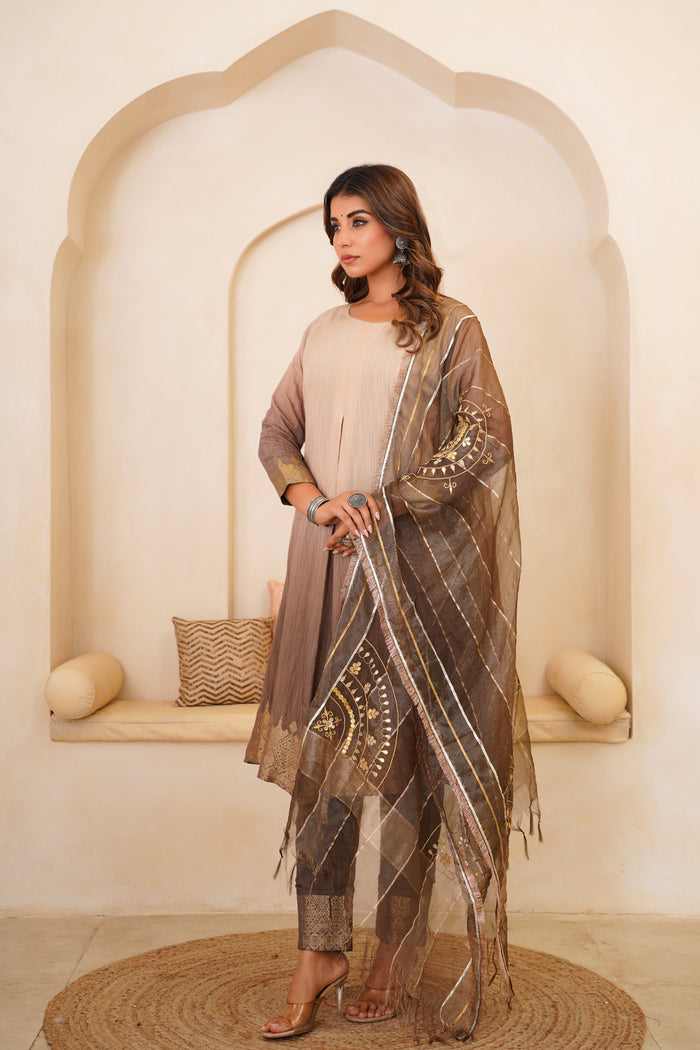 <img> Beautiful Mocha Gotta Patti Kurti Set With Dupatta