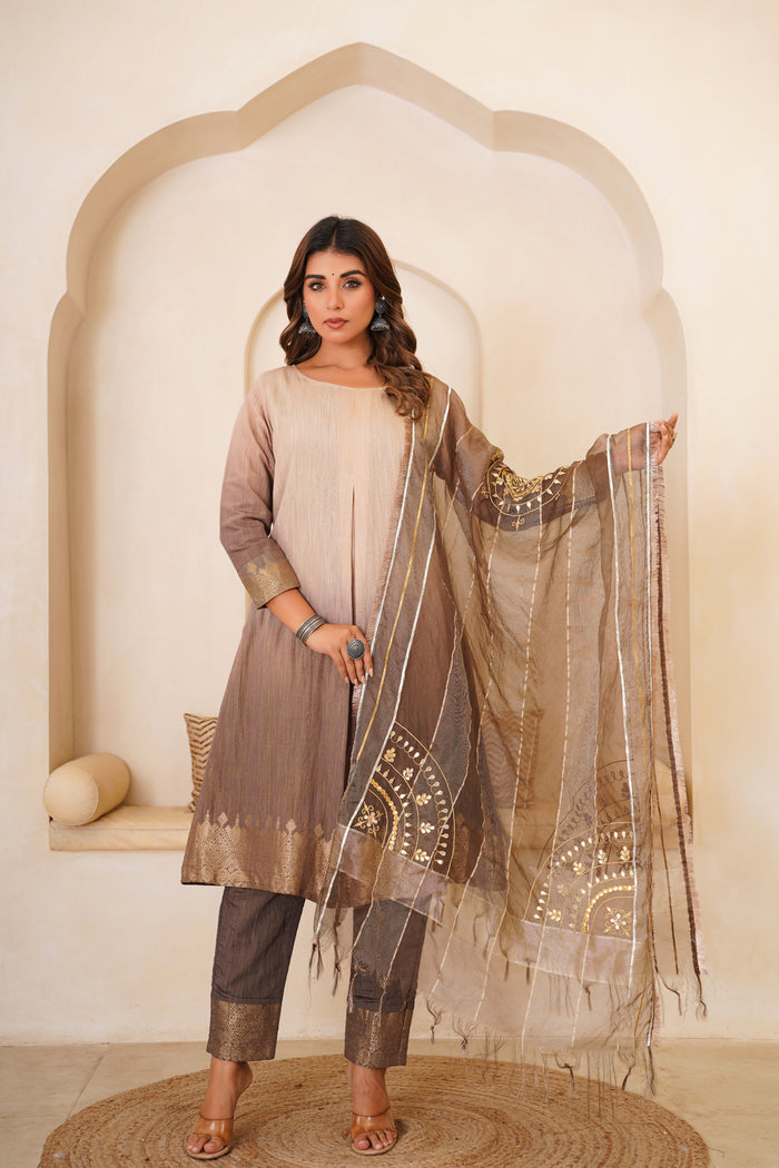 <img> Beautiful Mocha Gotta Patti Kurti Set With Dupatta