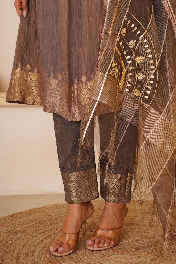 <img> Beautiful Mocha Gotta Patti Kurti Set With Dupatta