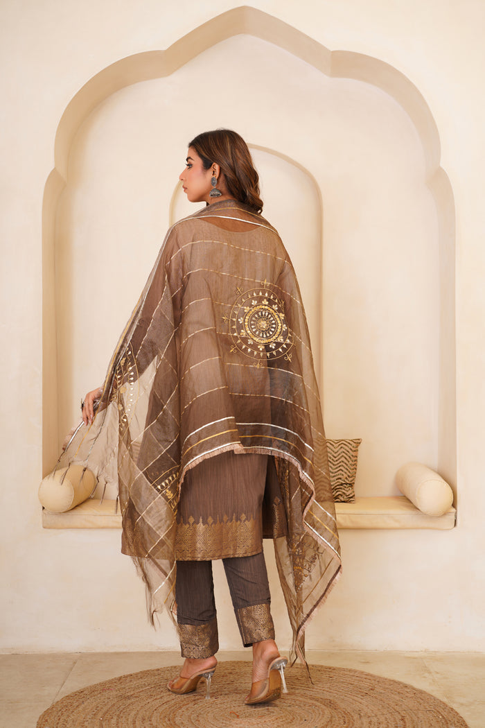 <img> Beautiful Mocha Gotta Patti Kurti Set With Dupatta