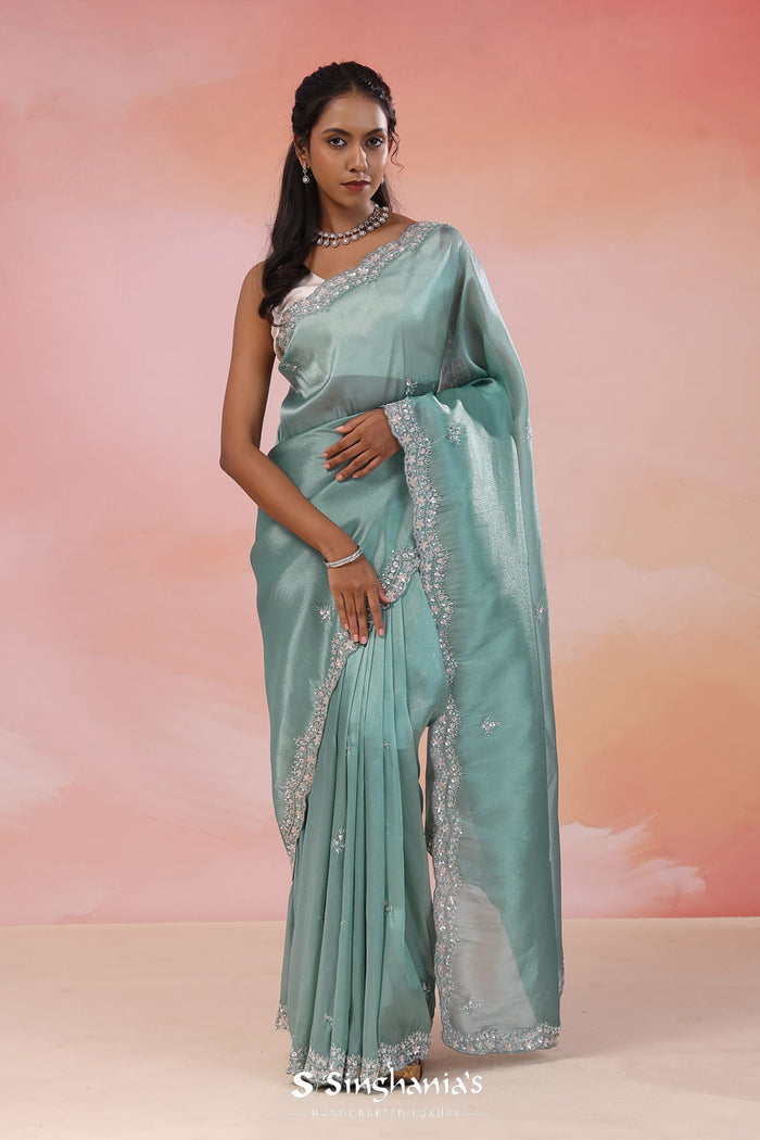 Beetle Green Organza Tissue Saree With Fancy Border