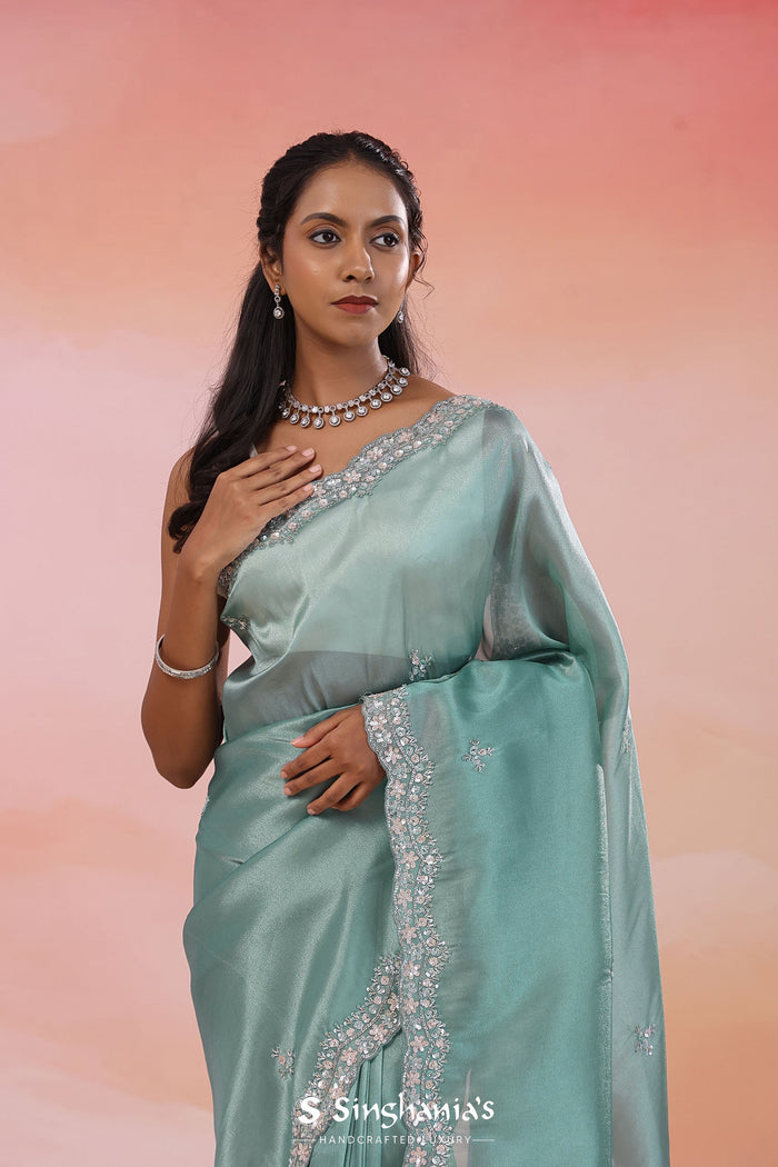 Beetle Green Organza Tissue Saree With Fancy Border