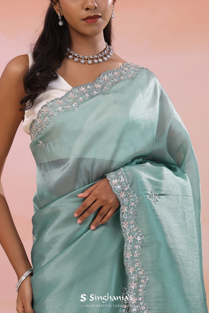 Beetle Green Organza Tissue Saree With Fancy Border