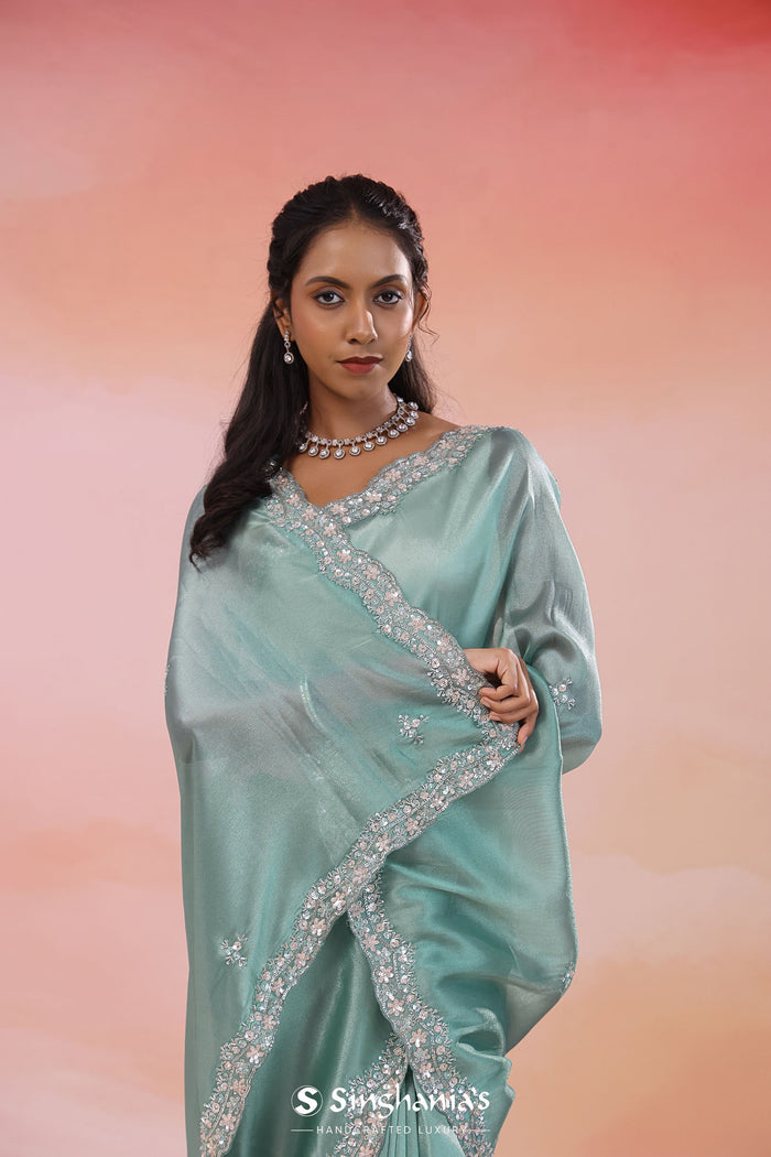 Beetle Green Organza Tissue Saree With Fancy Border