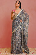 Beige Blue Georgette Readymade Saree With Floral Prints