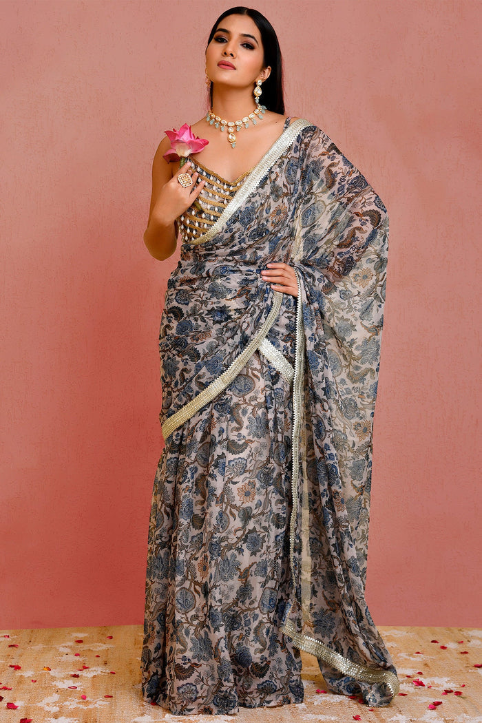 Beige Blue Georgette Readymade Saree With Floral Prints