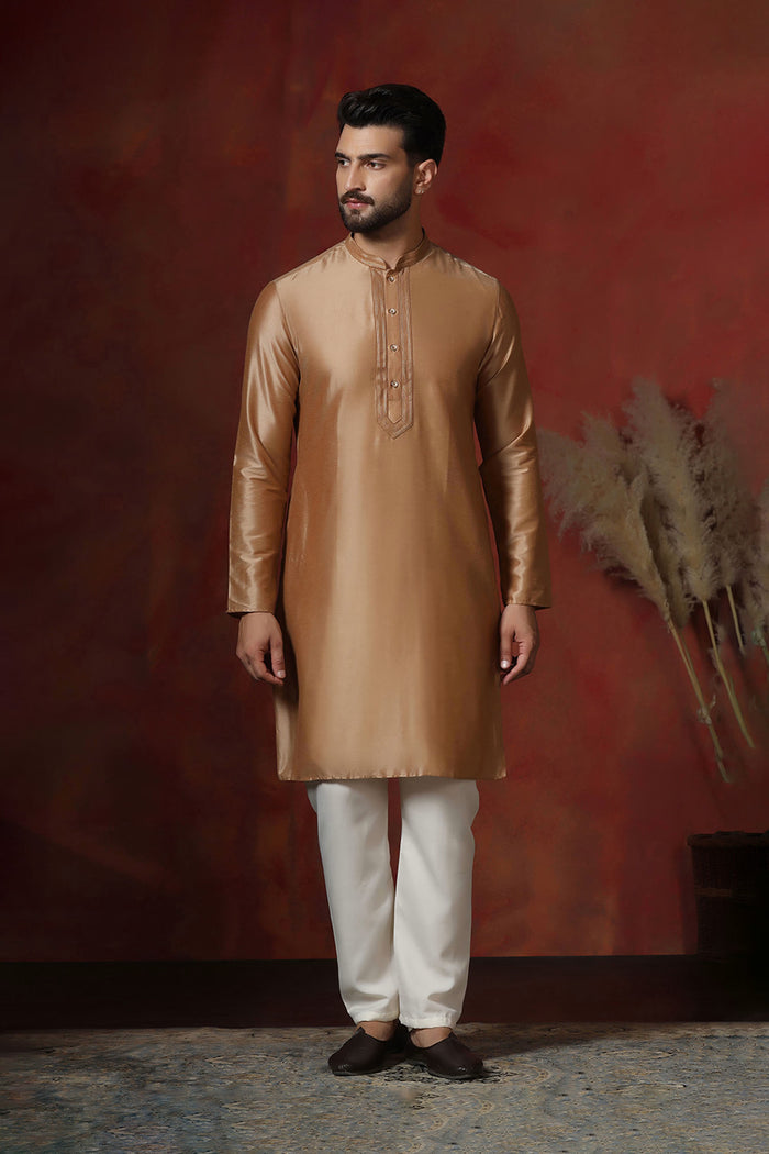 Beige Dupion Solid Kurta Set