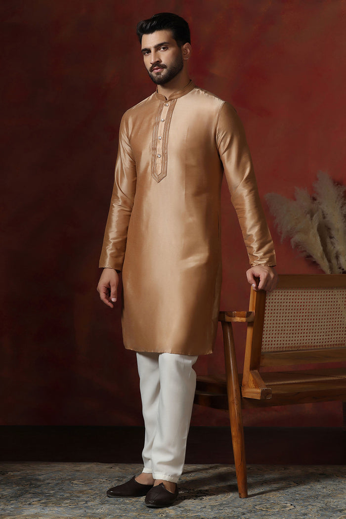 Beige Dupion Solid Kurta Set