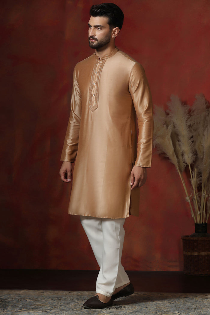 Beige Dupion Solid Kurta Set
