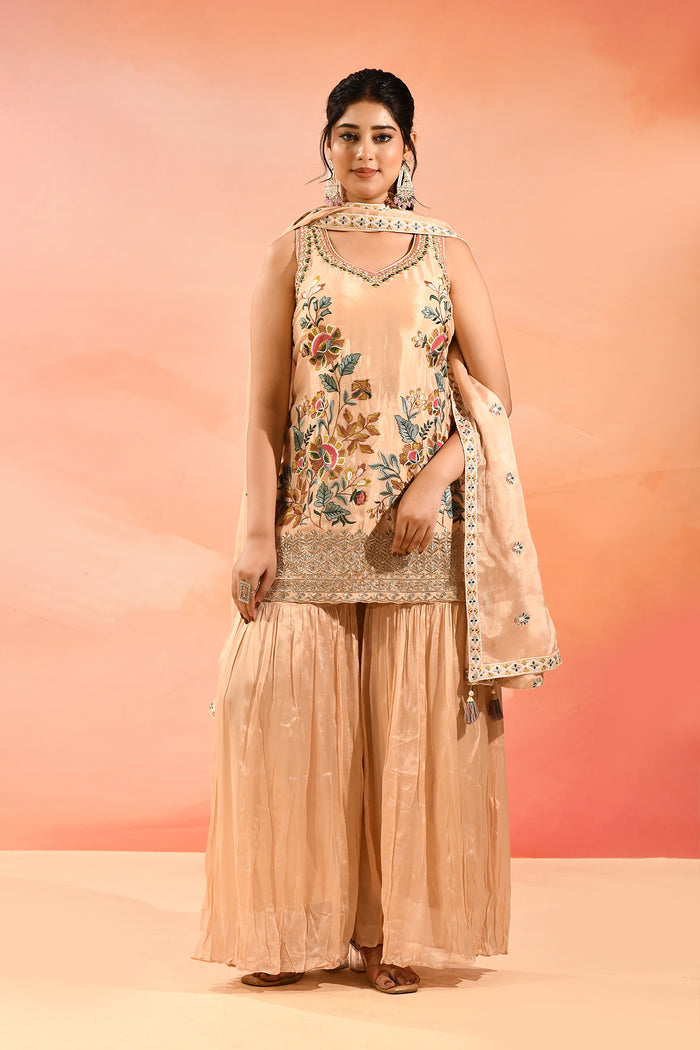 Beige Floral Embroidered Straight Cut Palazzo