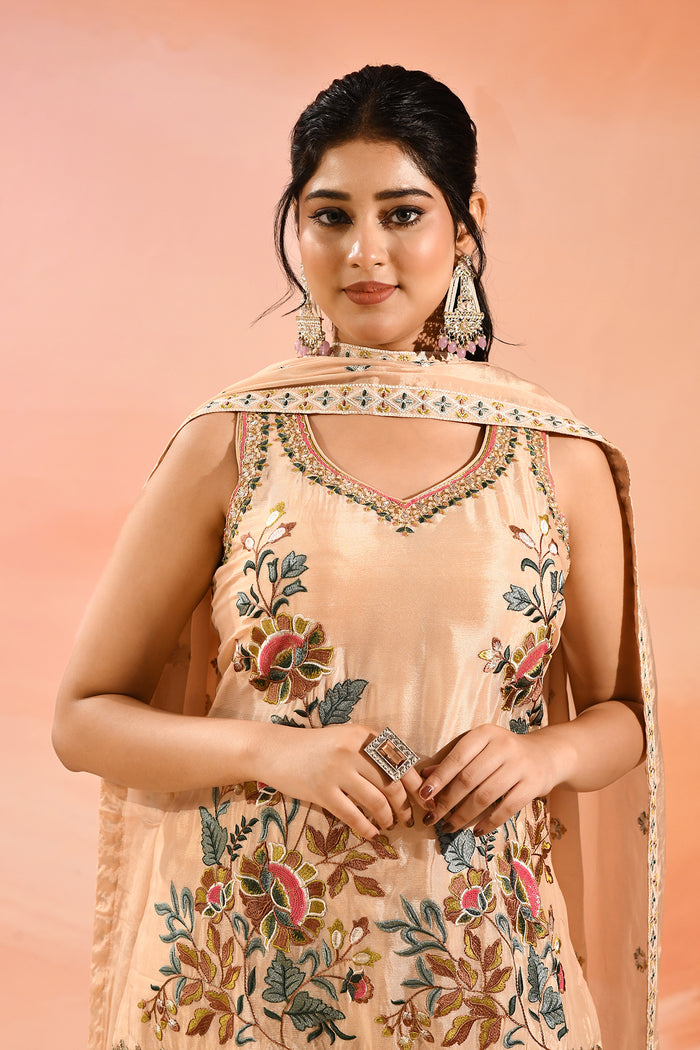 Beige Floral Embroidered Straight Cut Palazzo
