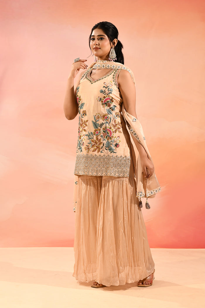 Beige Floral Embroidered Straight Cut Palazzo