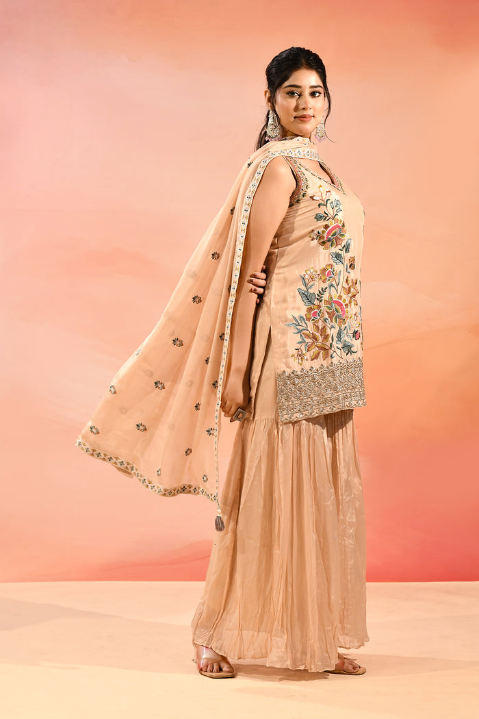 Beige Floral Embroidered Straight Cut Palazzo