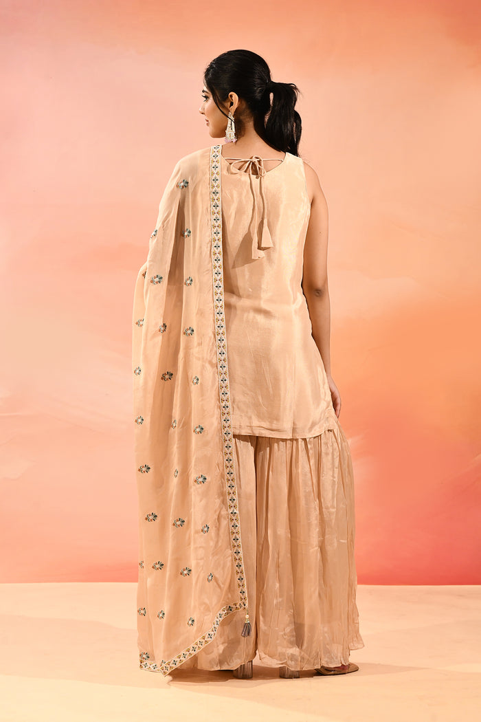 Beige Floral Embroidered Straight Cut Palazzo