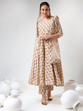 Beige Floral Printed Cotton Anarkali Set With Gota Trim