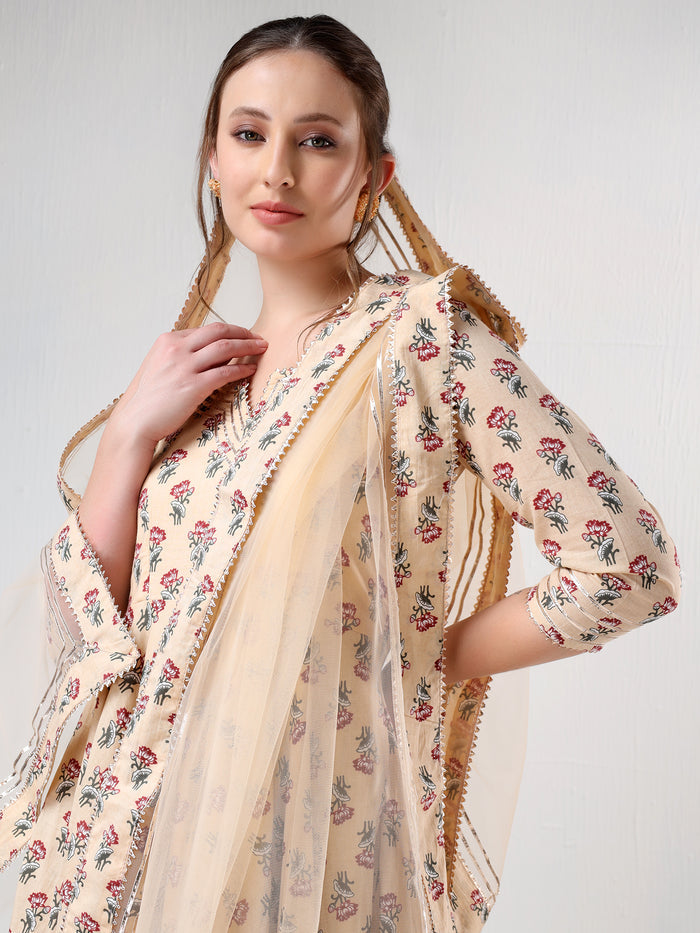 Beige Floral Printed Cotton Anarkali Set With Gota Trim
