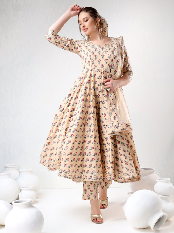 Beige Floral Printed Cotton Anarkali Set With Gota Trim