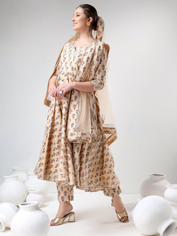 Beige Floral Printed Cotton Anarkali Set With Gota Trim