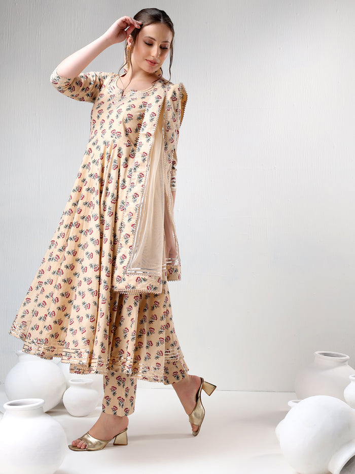 Beige Floral Printed Cotton Anarkali Set With Gota Trim