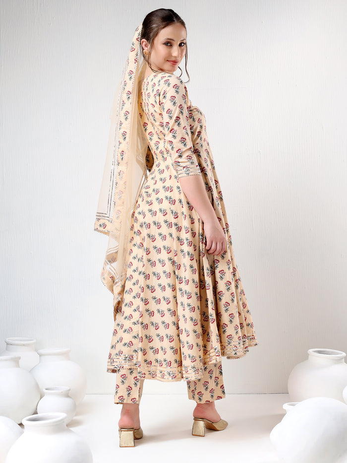 Beige Floral Printed Cotton Anarkali Set With Gota Trim