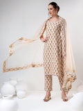 Beige Floral Printed Cotton Salwar Set With Halter Neck