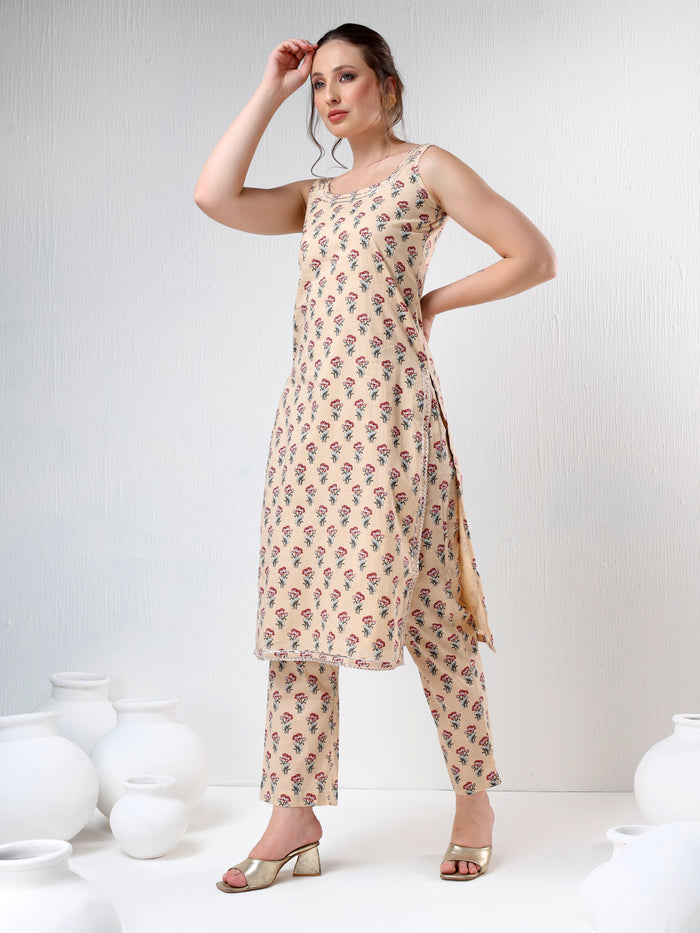 Beige Floral Printed Cotton Salwar Set With Halter Neck