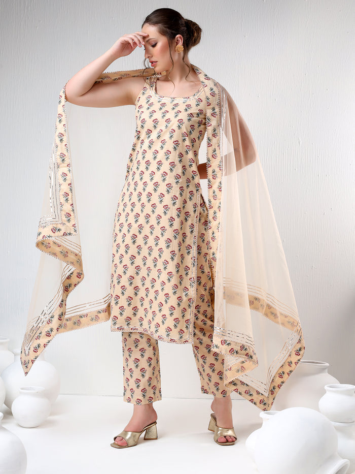 Beige Floral Printed Cotton Salwar Set With Halter Neck