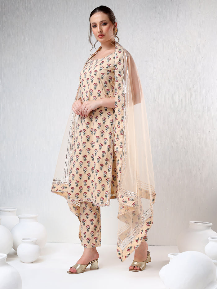 Beige Floral Printed Cotton Salwar Set With Halter Neck
