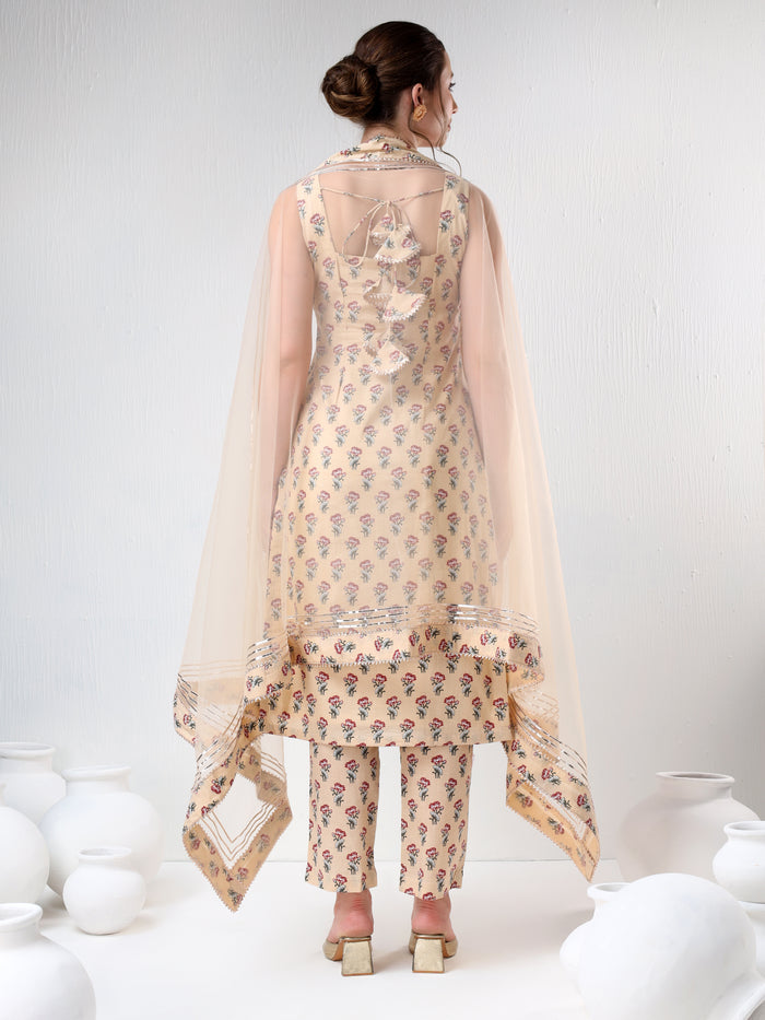 Beige Floral Printed Cotton Salwar Set With Halter Neck