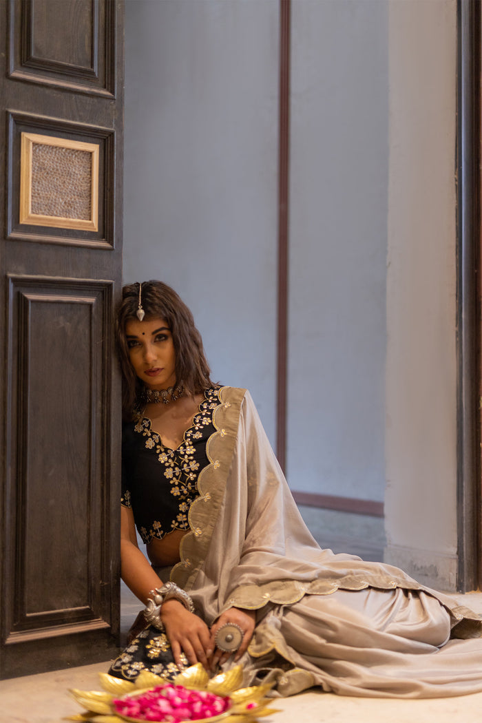 Beige Gota Patti Chinon Saree